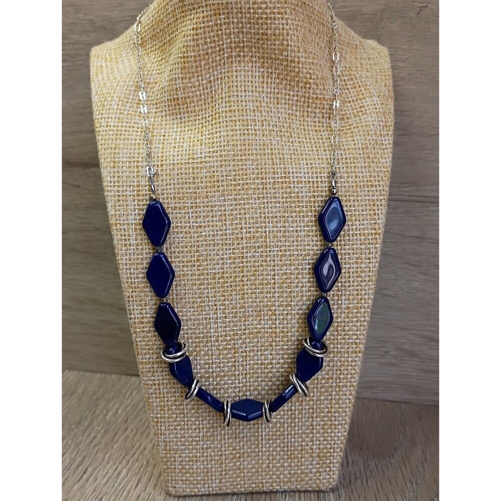 Vintage Lucite Beaded Necklace Navy Blue Silver Metal Womens 16"